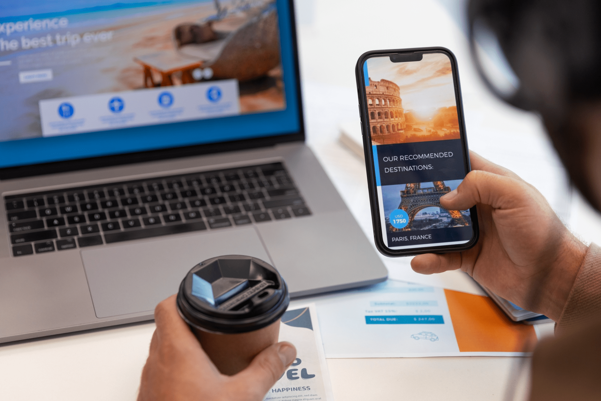 A person browsing a travel website on their mobile phone.